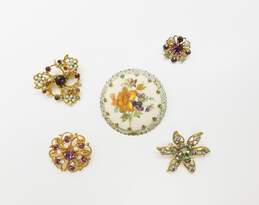 Vintage Icy Clear Purple & Smoky Rhinestone Faux Stone Floral Gold Tone Brooches 27.2g