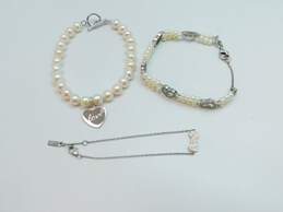 Romantic Sterling Silver Pearl Diamond Accent CZ Heart & Bow Bracelets 33.2g