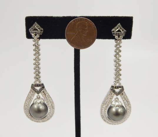 18K White Gold 3.73 CTTW Black & White Diamond Tahitian Pearl Statement Earrings 22.7g image number 2