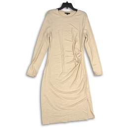 Womens Luxespun Tan Heather Long Sleeve Side Ruched Slit Maxi Dress Size L