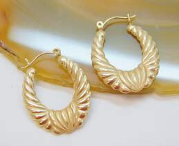 14K Gold Etched Brushed & Smooth Puffed Ridged Oblong Hoop Earrings 2.6g