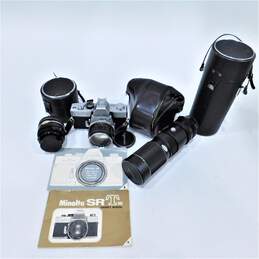 Minolta SRT 101 35mm SLR Film Camera w/ 3 Lenses Manual & Leather Cases