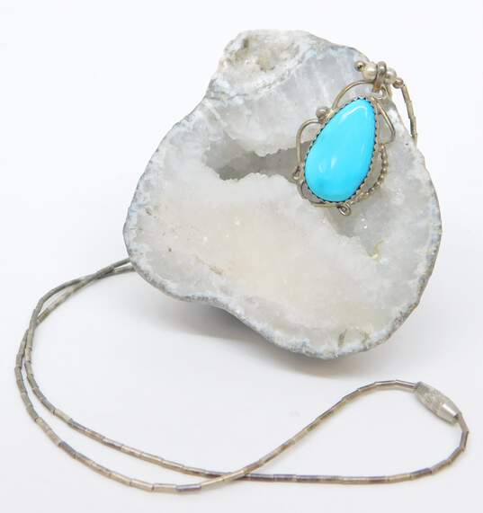SR Stamped Southwestern Artisan 925 Turquoise Pendant On Liquid Silver Necklace image number 2