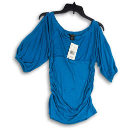 NWT Womens Blue Ruched Short Sleeve Round Neck Pullover Blouse Top Size L