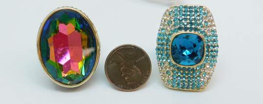 Akkad Goldtone Blue Rainbow & Clear Crystals Oval & Rectangle Chunky Statement Rings 43g image number 8