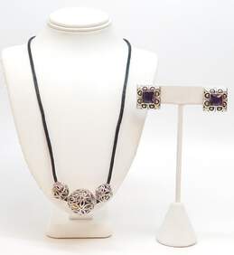 Artisan 925 & 14K Gold Accented Cut Out Leaves Graduated Ball Pendants Cord Necklace & Amethyst Vermeil Square Clip On Earrings 26.2g