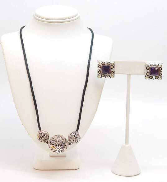Artisan 925 & 14K Gold Accented Cut Out Leaves Graduated Ball Pendants Cord Necklace & Amethyst Vermeil Square Clip On Earrings 26.2g image number 1