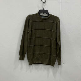 Mens Olive Green Striped Long Sleeve Crew Neck Pullover Sweater Size Small