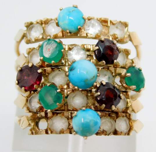 Vintage 14K Gold Turquoise Emerald Garnet & Clear Glass Cluster Multi Band Statement Ring 5.6g image number 1