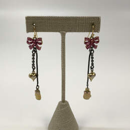 Designer Betsey Johnson Gold-Tone Pink Glitter Bow Heart Drop Earrings