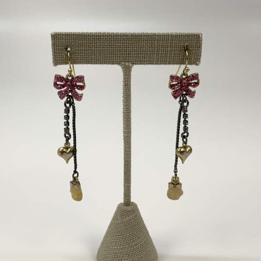 Designer Betsey Johnson Gold-Tone Pink Glitter Bow Heart Drop Earrings image number 1