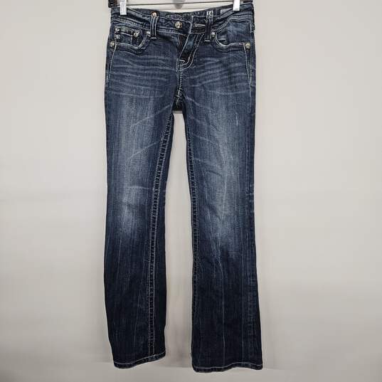Blue Denim Bootcut Embellished Jeans image number 1