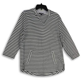 Womens Black White Striped Long Sleeve Pullover Hoodie Size L 14-16