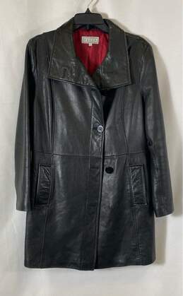 Pelle Pelle Womens Black Long Sleeve Collared Button Front Leather Coat Size XL