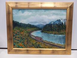 Painting of Train & Mountain Scene In Frame w/ Another Painting On The Back