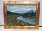 Painting of Train & Mountain Scene In Frame w/ Another Painting On The Back image number 1
