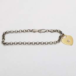 Sterling Silver 14K Gold Heart Tag W/ Diamond Rolo Chain Bracelet 3.4g alternative image