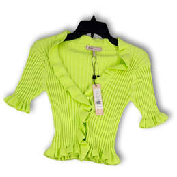 NWT Womens Green Ribbed Ruffle Button Front Cropped Cardigan Sweater Size S