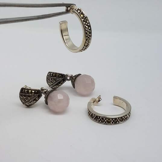 Sterling Silver Faceted Rose Quartz Marcasite Post Earring Jewelry Bundle 2pcs 12.5g image number 6