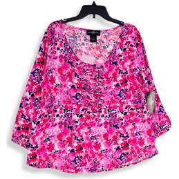 NWT Karen Brooks Womens Pink Navy Blue Floral Long Sleeve Blouse Top Size 1X