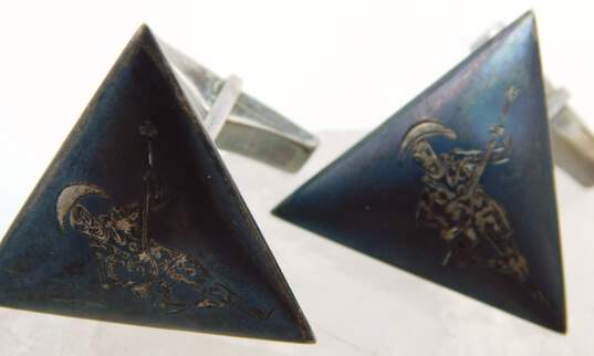 Vintage & Siamese Import Co 925 Niello Etched Musicians Triangle & Stamped Square Cuff Links Variety 31.2g image number 3