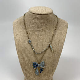 Designer Betsey Johnson Gold-Tone Blue Rhinestone Bow Pendant Necklace