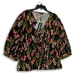 NWT Womens Multicolor Floral V-Neck 3/4 Sleeve Pullover Blouse Top Size 2X