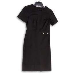 Womens Black Back Zip Round Neck Short Sleeve Formal Sheath Dress Size 2P