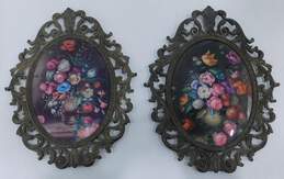 Pair Of Vintage Victorian Style Ornate Frames Wall Hangings W/ Floral Artwork