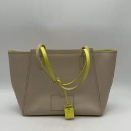 Womens Yellow Beige Leather Inner Pocket Zipper Double Handle Tote Bag