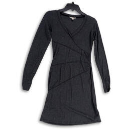 Womens Gray Ruched Long Sleeve V-Neck Knee Length Sheath Dress Size XXS