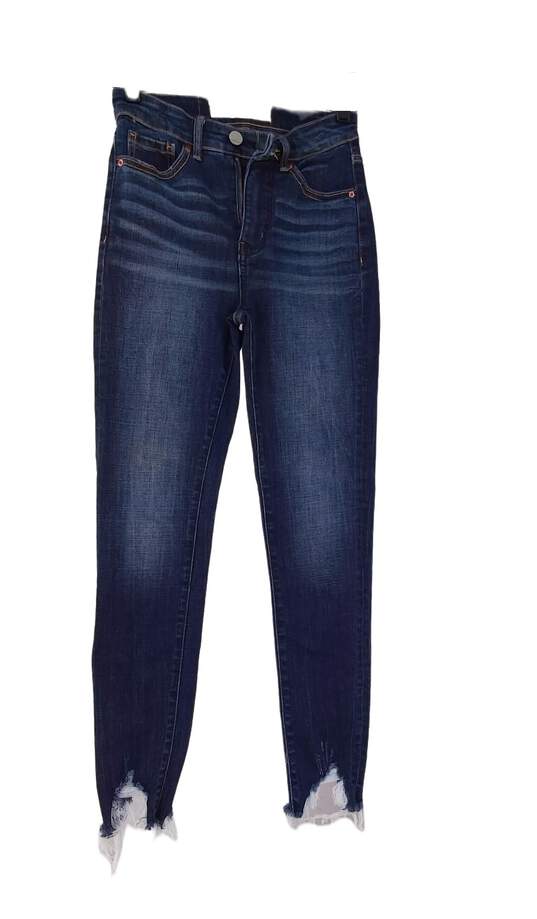 Womens Blue Stella Denim Medium Wash Frayed Hem Straight Jeans Size 24 image number 1