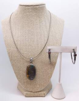 Artisan 925 Bronzeite Cabochon Oval Pendant Necklace & Garnet Bali Style Hoop Earrings 24.7g