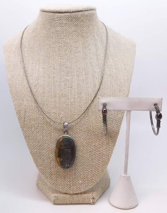 Artisan 925 Bronzeite Cabochon Oval Pendant Necklace & Garnet Bali Style Hoop Earrings 24.7g image number 1