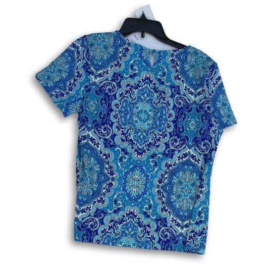 NWT Talbots Womens Blue Abstract Round Neck Short Sleeve Blouse Top Size Large image number 2