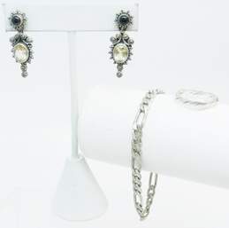 Artisan 925 Faceted Citrine & Onyx Cabochon Granulated Drop Post Earrings Figaro Chain Bracelet & Twisted Band Ring 18.6g
