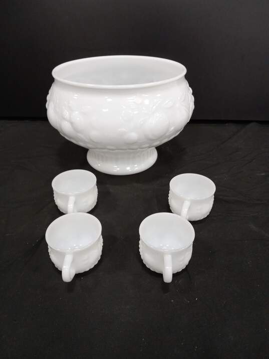 Milk Glass Fruit Themed Punch Bowl With 4 Matching Cups image number 2