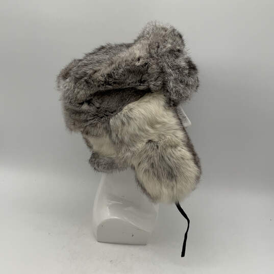 Mens Gray White Fur Lined Tie Fashionable Aviator Trapper Hat One Size image number 3