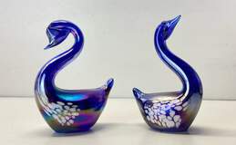 2 Blown Cobalt Blue Swans Glass Sculptures Ceramic Art Figurines