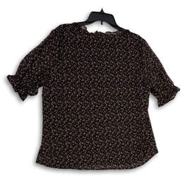 Womens Black Brown Floral Short Sleeve V-Neck Button Front Blouse Top Sz L alternative image