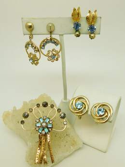 VNTG Icy Blue Gold Tone Earrings & Brooch