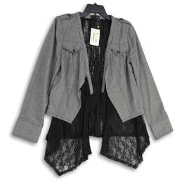 NWT Womens Gray Black Asymmetrical Lace Embellished Open Front Jacket Sz L
