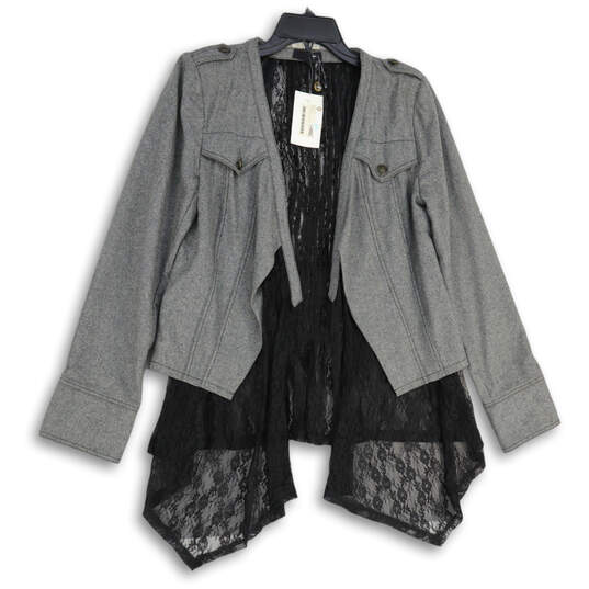 NWT Womens Gray Black Asymmetrical Lace Embellished Open Front Jacket Sz L image number 1