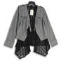 NWT Womens Gray Black Asymmetrical Lace Embellished Open Front Jacket Sz L image number 1