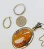 Rustic 925 Modernist Amber Cabochon Granulated Oval Pendant Chain Necklace Oblong Hoop Earrings & Band Ring 21.8g image number 4