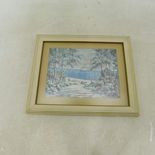Vintage Mid Century Artist Signed Lake & Country Scene Foil Art Prints Framed image number 4