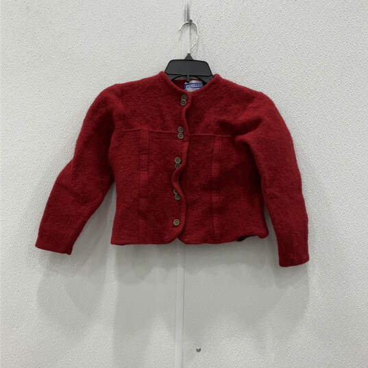 Womens Red Long Sleeve Wool Button Cropped Cardigan Sweater Size XL image number 1