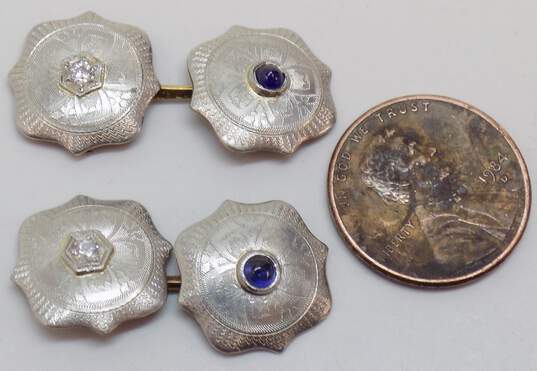 Vintage 14k White Gold Diamond Accent & Blue Spinel Cufflinks 4.6g image number 2