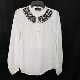 Womens White Beaded Embellished Long Sleeve Henley Neck Blouse Top Size XS