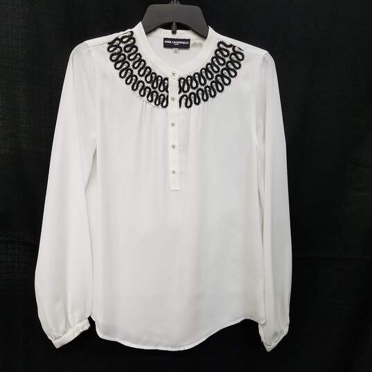 Womens White Beaded Embellished Long Sleeve Henley Neck Blouse Top Size XS image number 1
